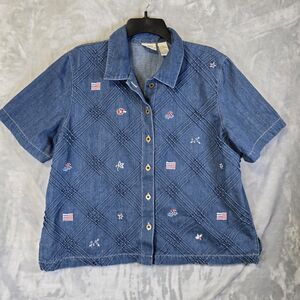 Vintage Koret Denim Button Down Shirt Womens L Colorful Beaded Embroidered Boho